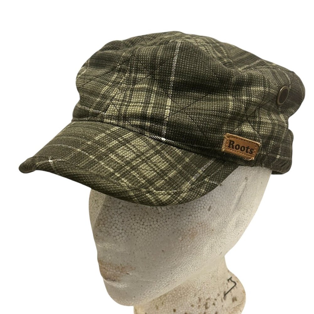 Roots Green Plaid Cotton Cap Size M Flat Top Quilted Lined Classic Hat Khaki - Picture 2 of 10